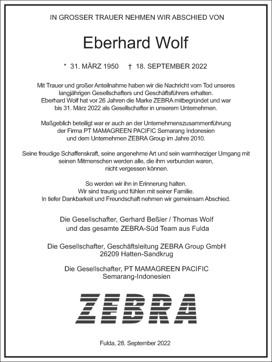 Traueranzeige von Eberhard Wolf von FZ