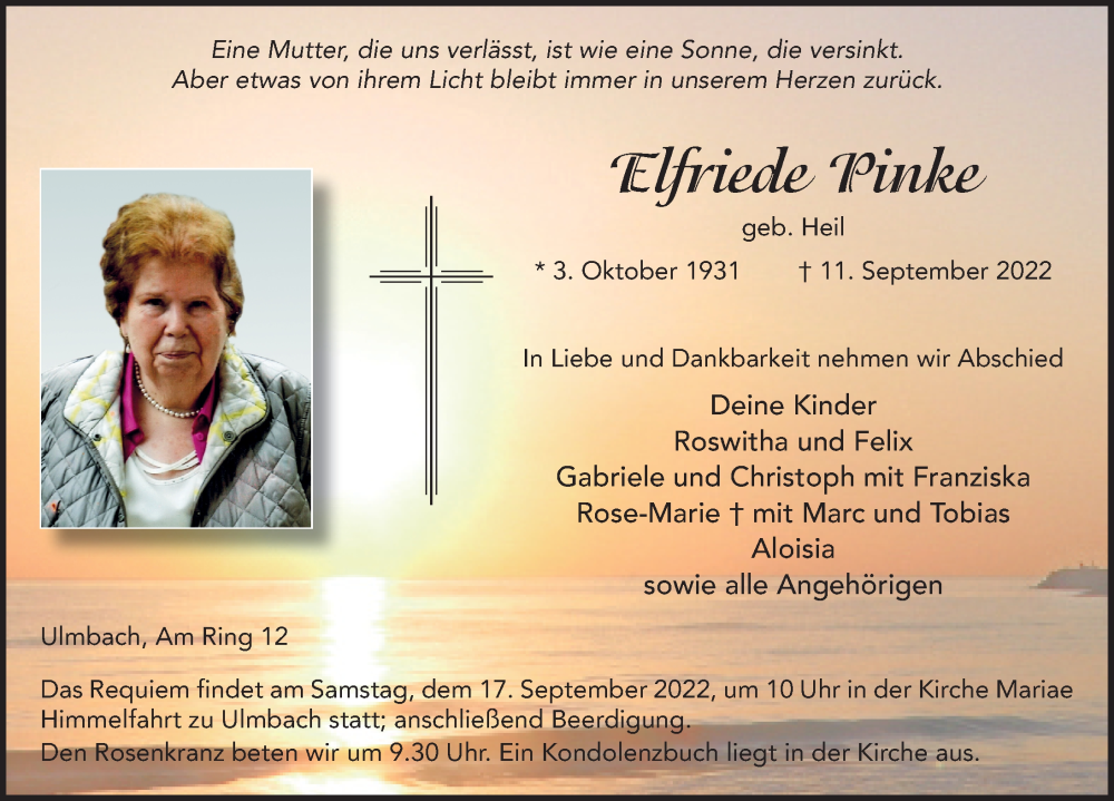 Traueranzeige für Elfriede Pinke vom 15.09.2022 aus FZ