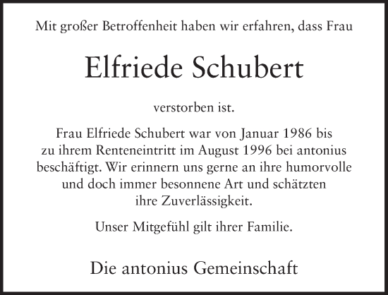 Traueranzeige von Elfriede Schubert von FZ