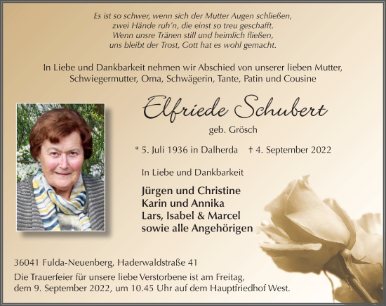 Traueranzeige von Elfriede Schubert von FZ