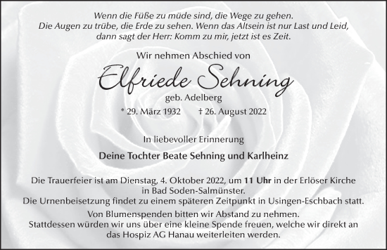 Traueranzeige von Elfriede Sehning von FZ