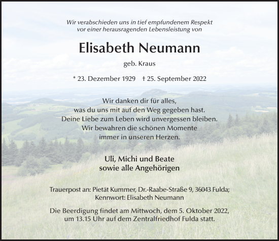 Traueranzeige von Elisabeth Neumann von FZ