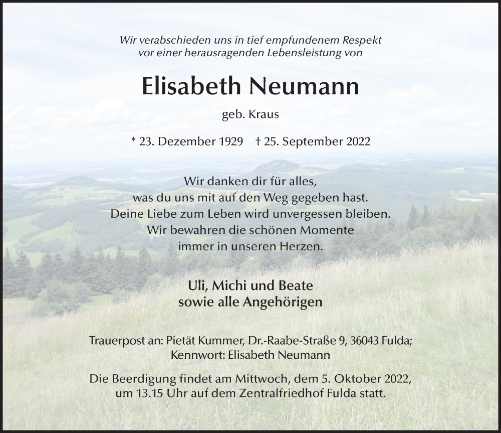  Traueranzeige für Elisabeth Neumann vom 29.09.2022 aus FZ