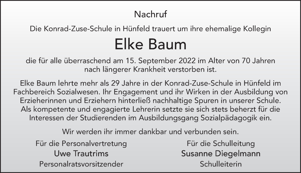  Traueranzeige für Elke Baum vom 21.09.2022 aus FZ
