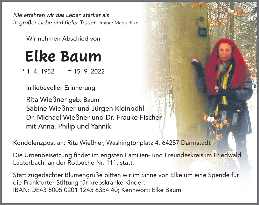  Traueranzeige für Elke Baum vom 17.09.2022 aus FZ