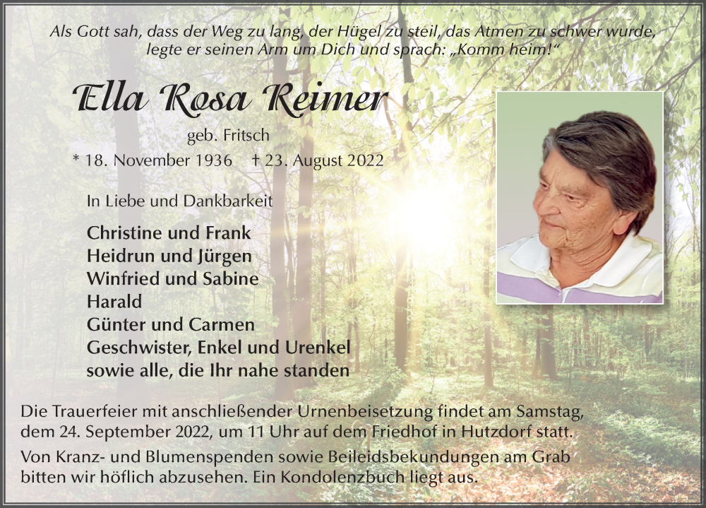  Traueranzeige für Ella Rosa Reimer vom 21.09.2022 aus FZ