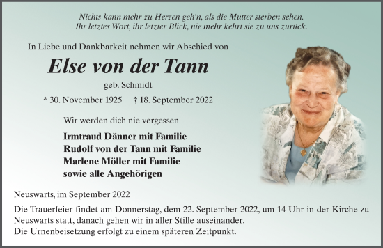 Traueranzeige von Else von der Tann von FZ