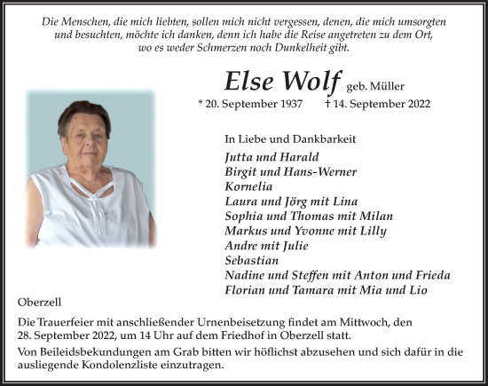 Traueranzeige von Else Wolf von FZ