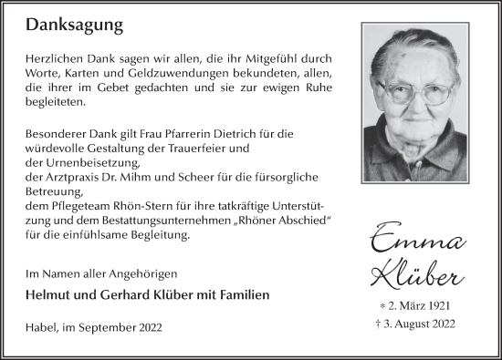 Traueranzeige von Emma Klüber von FZ