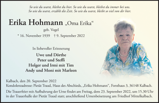 Traueranzeige von Erika Hohmann von FZ