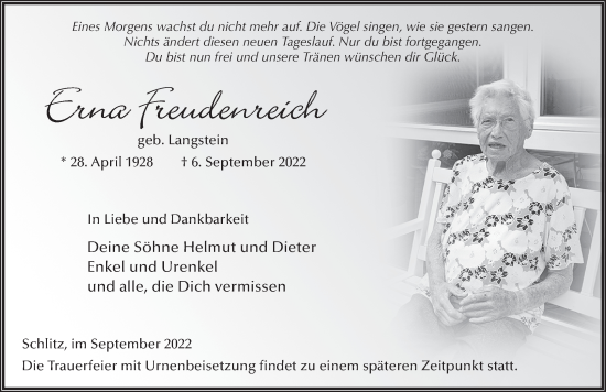 Traueranzeige von Erna Freudenreich von FZ