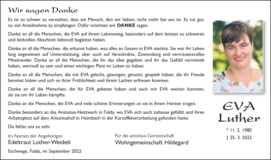 Traueranzeige von Eva Luther von FZ