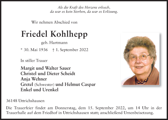 Traueranzeige von Friedel Kohlhepp von FZ