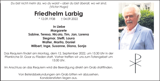 Traueranzeige von Friedhelm Larbig von FZ