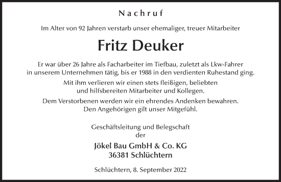 Traueranzeige von Fritz Deuker von FZ