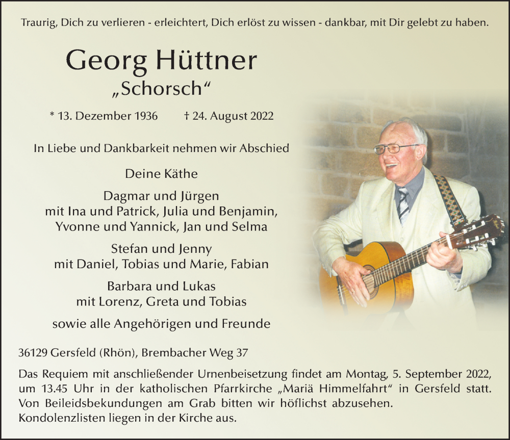 Traueranzeige für Georg Hüttner vom 02.09.2022 aus FZ