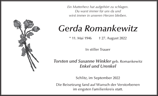 Traueranzeige von Gerda Romankewitz von FZ