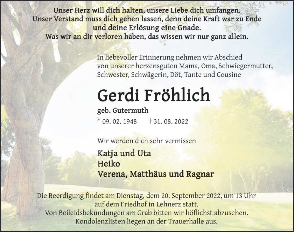  Traueranzeige für Gerdi Fröhlich vom 15.09.2022 aus FZ