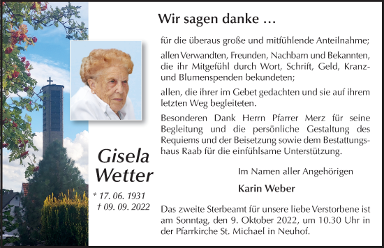 Traueranzeige von Gisela Wetter von FZ