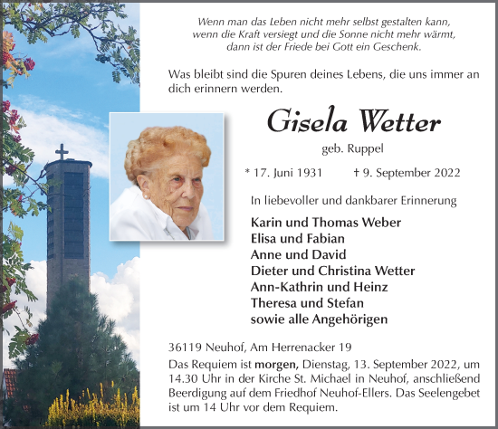 Traueranzeige von Gisela Wetter von FZ
