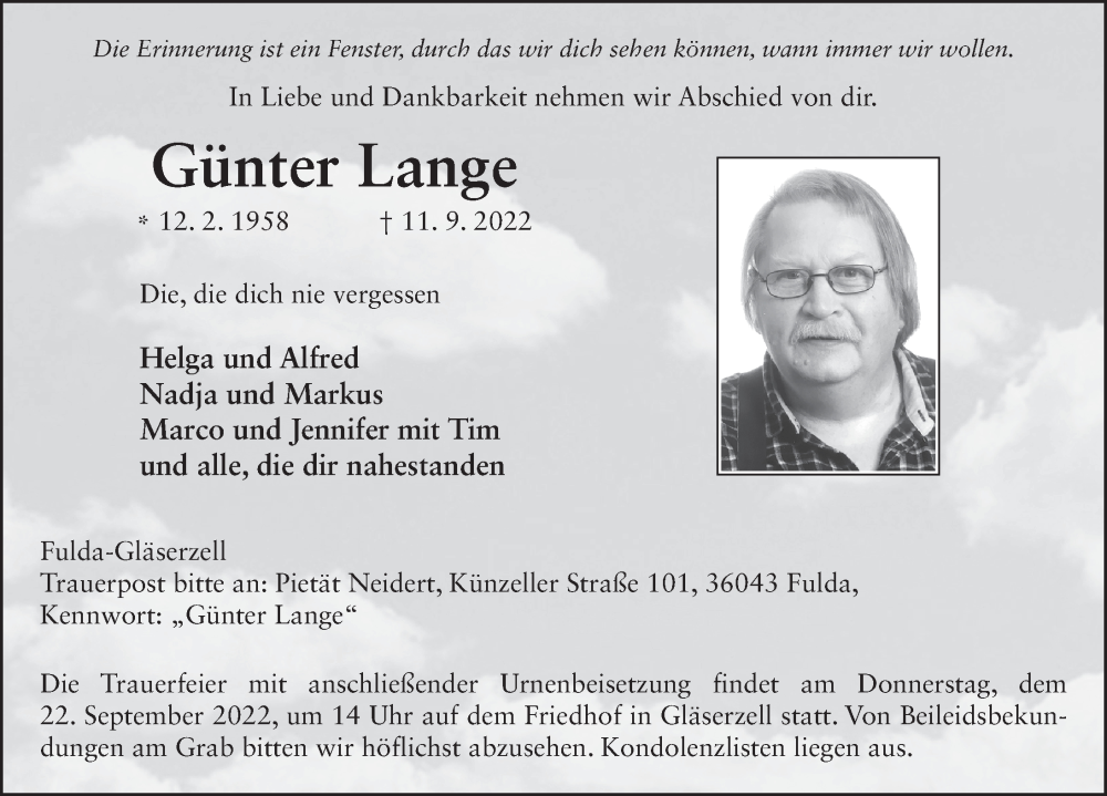  Traueranzeige für Günter Lange vom 17.09.2022 aus FZ