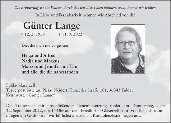 Traueranzeige von Günter Lange von FZ