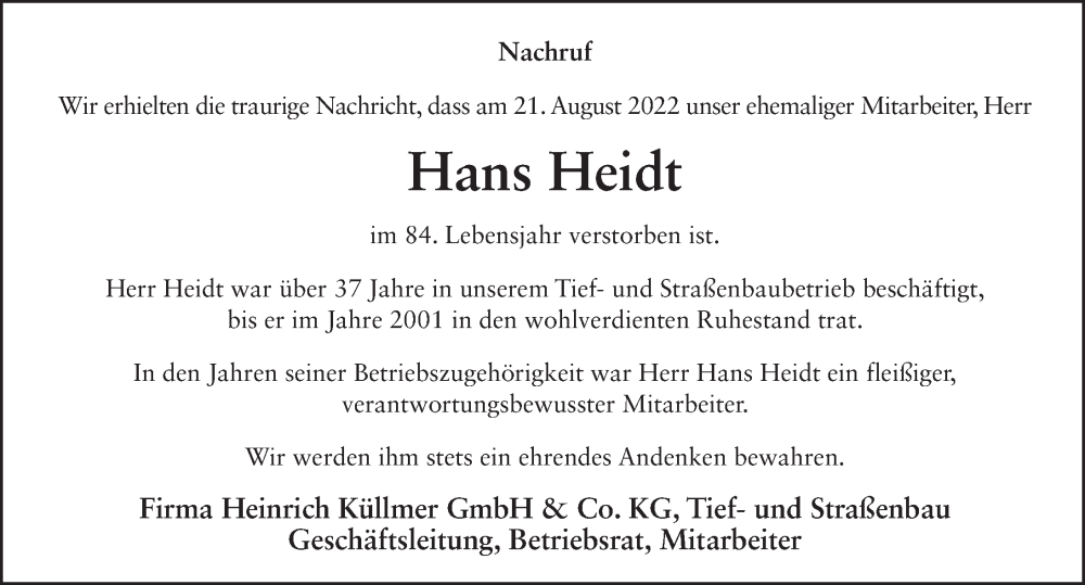  Traueranzeige für Hans Heidt vom 01.09.2022 aus FZ