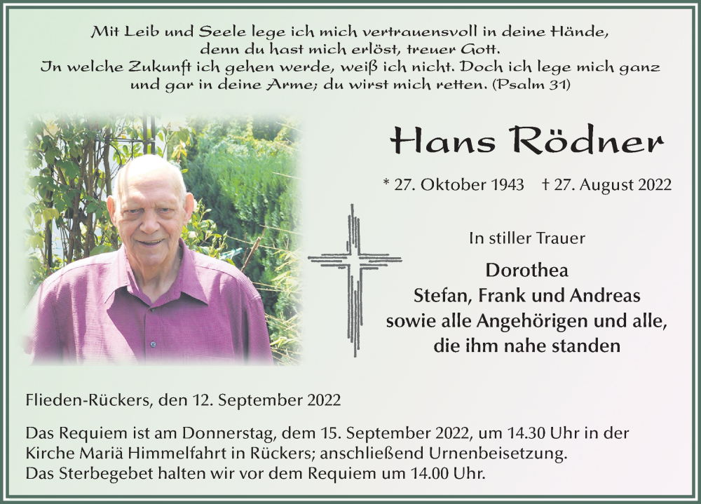  Traueranzeige für Hans Rödner vom 12.09.2022 aus FZ