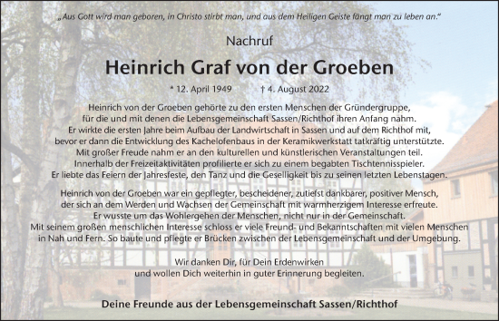 Traueranzeige von Heinrich von der Groeben von FZ