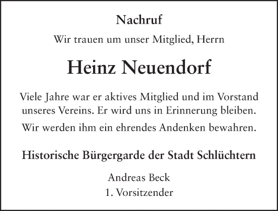 Traueranzeige von Heinz Neuendorf von FZ