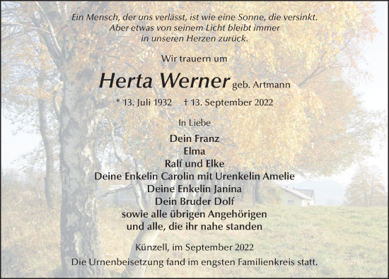 Traueranzeige von Herta Werner von FZ