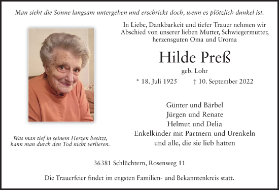 Traueranzeige von Hilde Preß von FZ