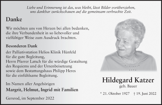 Traueranzeige von Hildegard Katzer von FZ