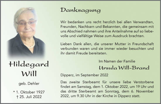 Traueranzeige von Hildegard Will von FZ