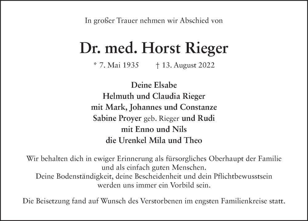  Traueranzeige für Horst Rieger vom 03.09.2022 aus FZ