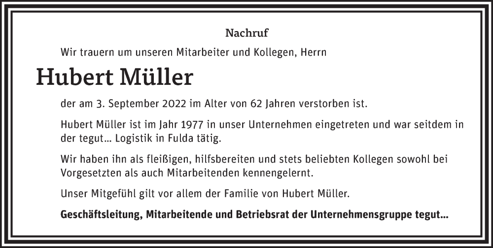  Traueranzeige für Hubert Müller vom 13.09.2022 aus FZ