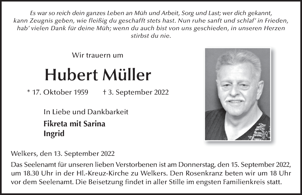  Traueranzeige für Hubert Müller vom 13.09.2022 aus FZ