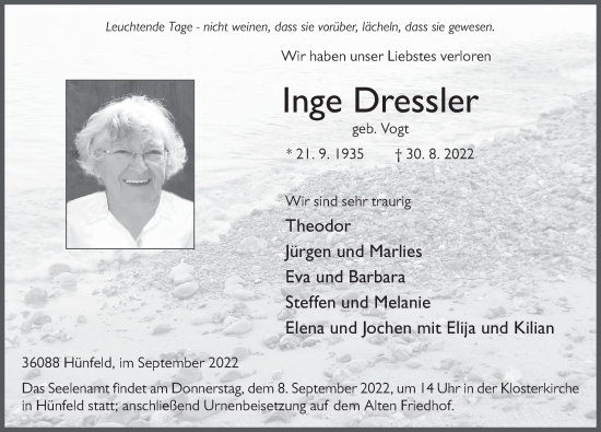 Traueranzeige von Inge Dressler von FZ