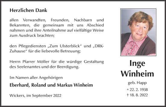 Traueranzeige von Inge Winheim von FZ