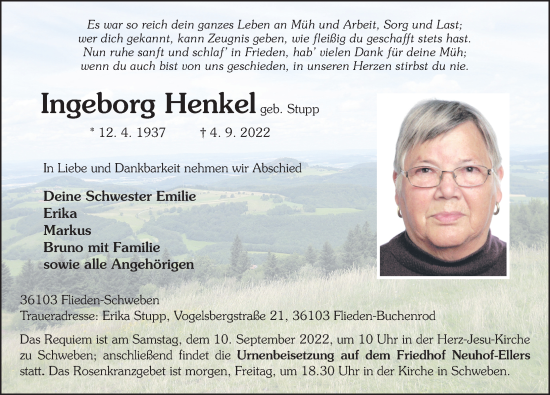 Traueranzeige von Ingeborg Henkel von FZ