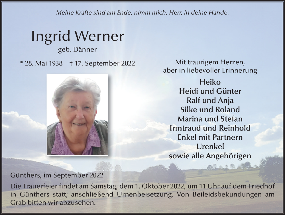  Traueranzeige für Ingrid Werner vom 28.09.2022 aus FZ