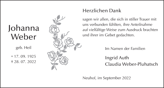 Traueranzeige von Johanna Weber von FZ