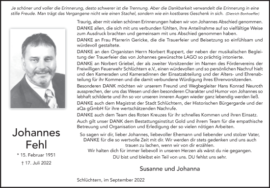 Traueranzeige von Johannes Fehl von FZ