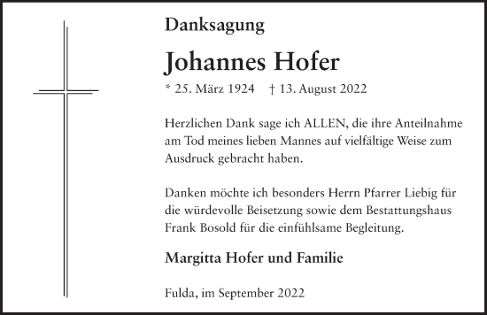 Traueranzeige von Johannes Hofer von FZ