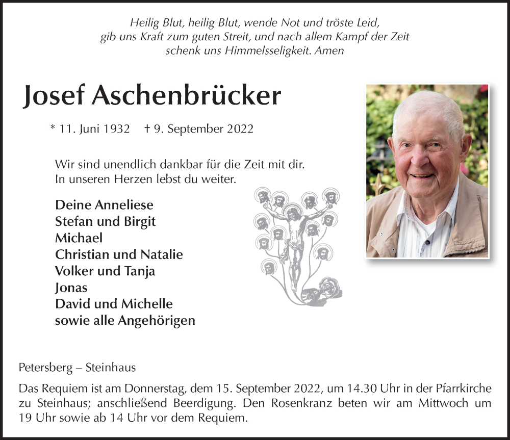  Traueranzeige für Josef Aschenbrücker vom 13.09.2022 aus FZ