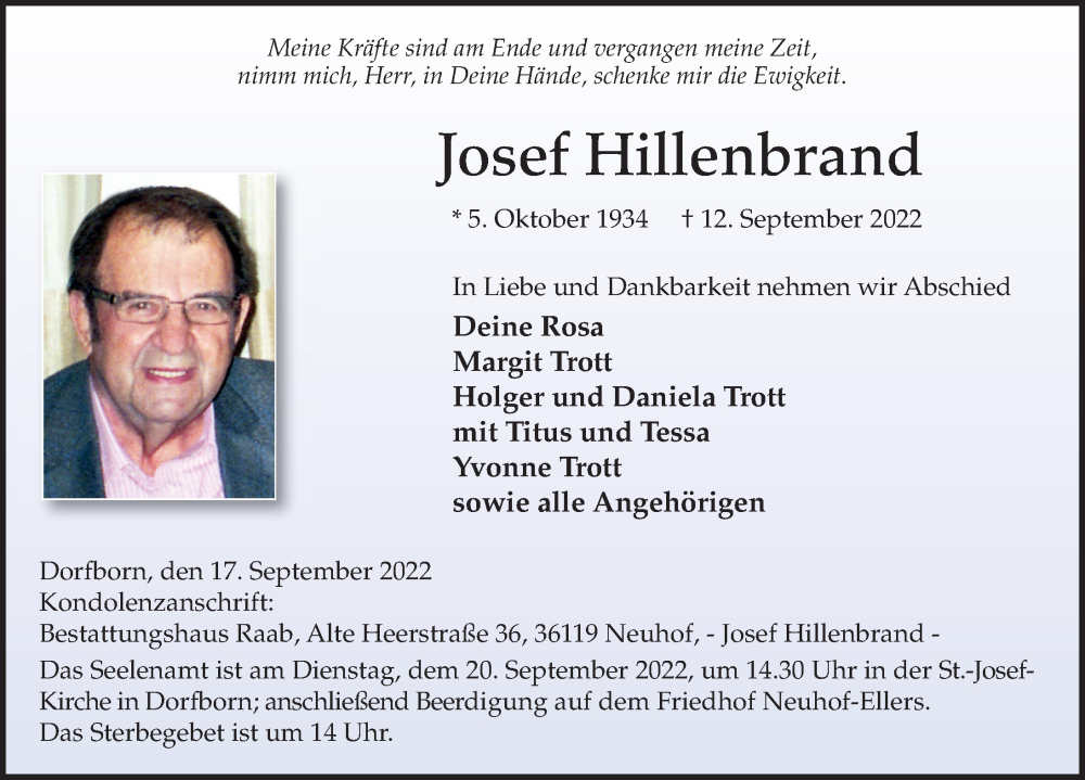  Traueranzeige für Josef Hillenbrand vom 17.09.2022 aus FZ