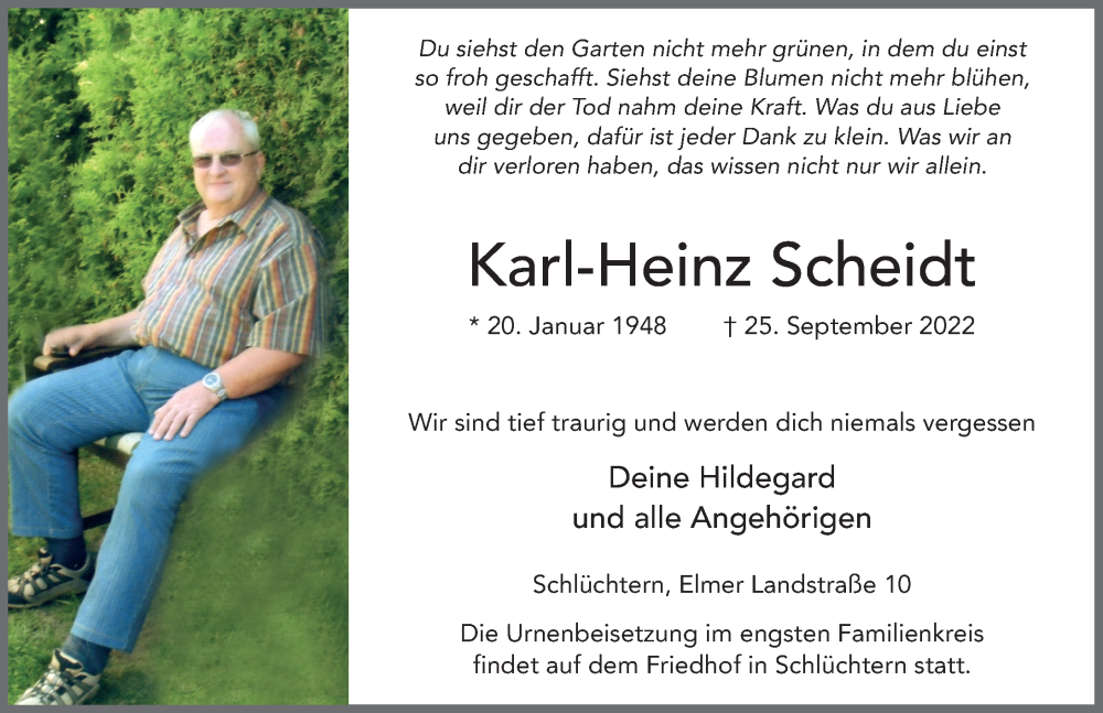  Traueranzeige für Karl-Heinz Scheidt vom 29.09.2022 aus FZ