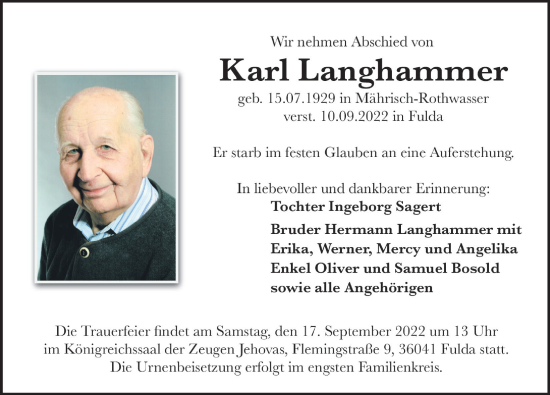 Traueranzeige von Karl Langhammer von FZ