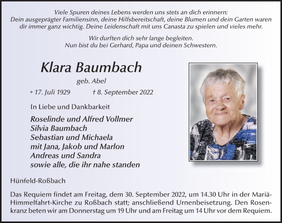 Traueranzeige von Klara Baumbach von FZ