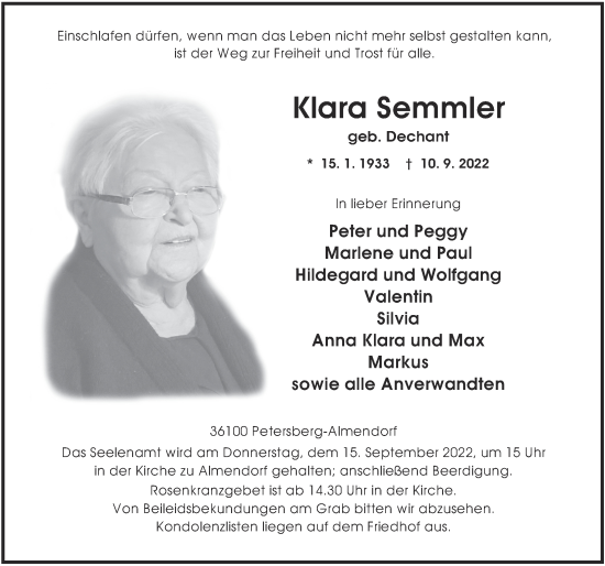 Traueranzeige von Klara Semmler von FZ